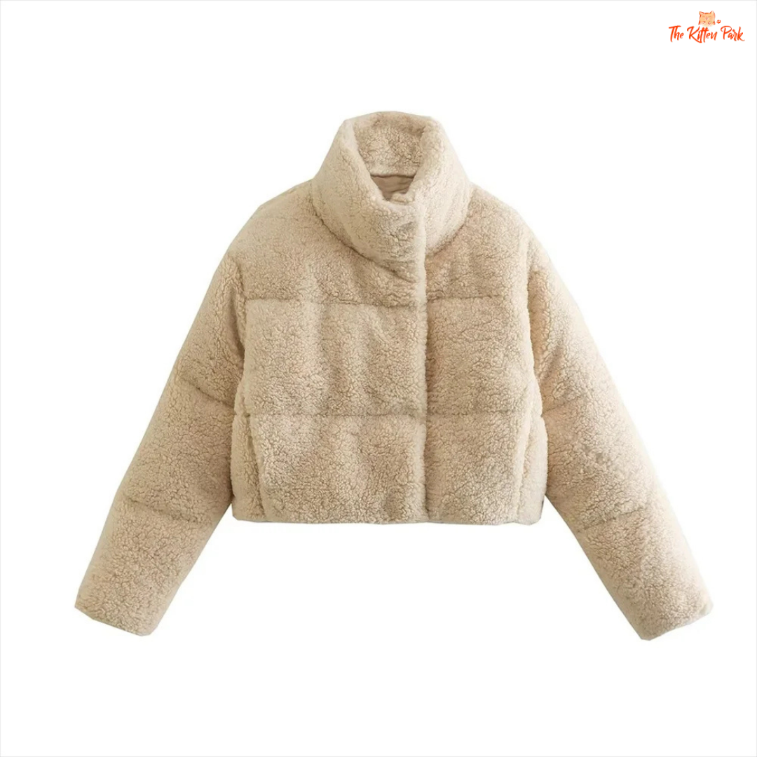 A short winter puffer coat for women with lamb wool texture, stand collar, bat sleeves, thick cotton filling, and casual zip-up style in solid color.