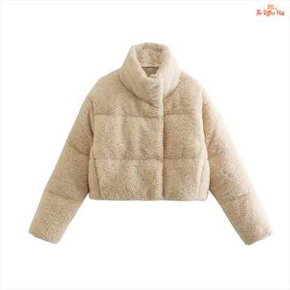 A short winter puffer coat for women with lamb wool texture, stand collar, bat sleeves, thick cotton filling, and casual zip-up style in solid color.