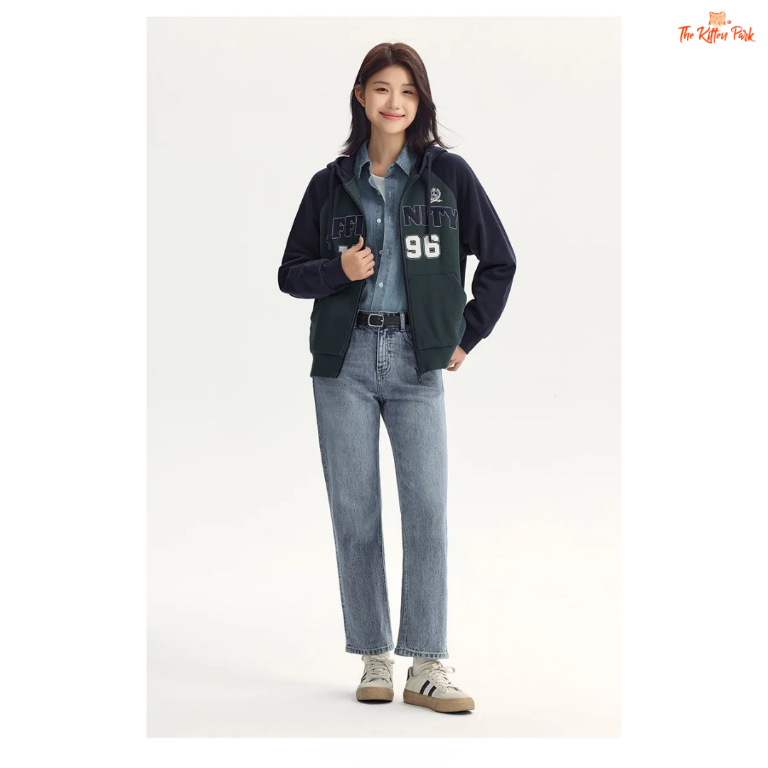 A women’s hooded embroidered jacket with a loose fit, color-block design, zipper closure, full sleeves, and casual autumn style.