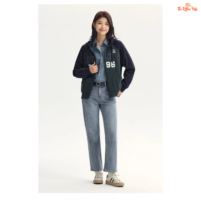 A women’s hooded embroidered jacket with a loose fit, color-block design, zipper closure, full sleeves, and casual autumn style.