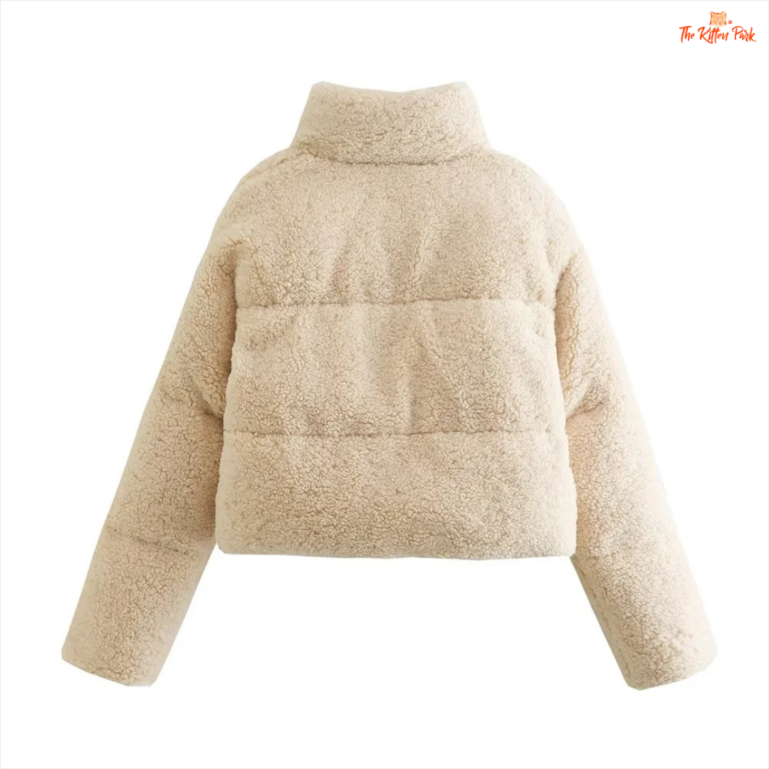 A short winter puffer coat for women with lamb wool texture, stand collar, bat sleeves, thick cotton filling, and casual zip-up style in solid color.