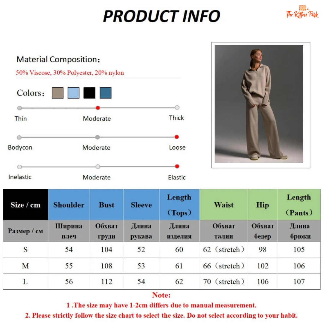 Product information sheet with a model wearing a beige outfit, material composition details, color options, and size chart.