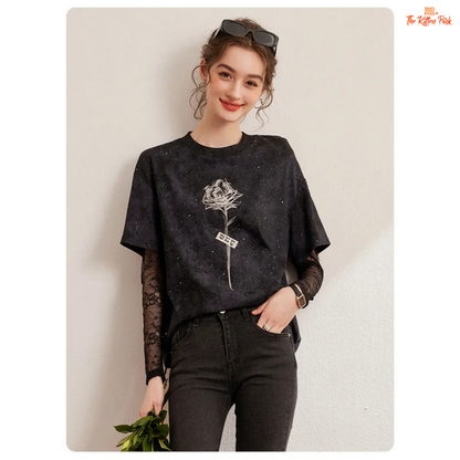 White floral loose-fit T-shirt for women with layered design, bright silk decoration, full sleeves, and a casual round neck – ideal for autumn and winter.