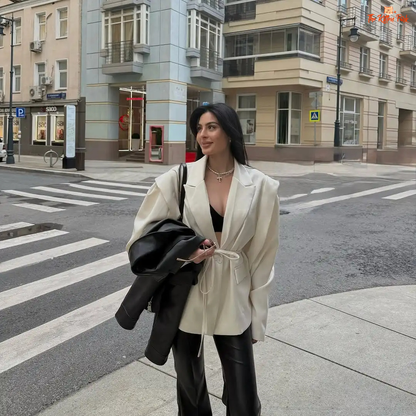 Women's lace-up waist blazer with chic V-neck lapel, single button closure, and full sleeves — perfect formal spring/summer outerwear in polyester.