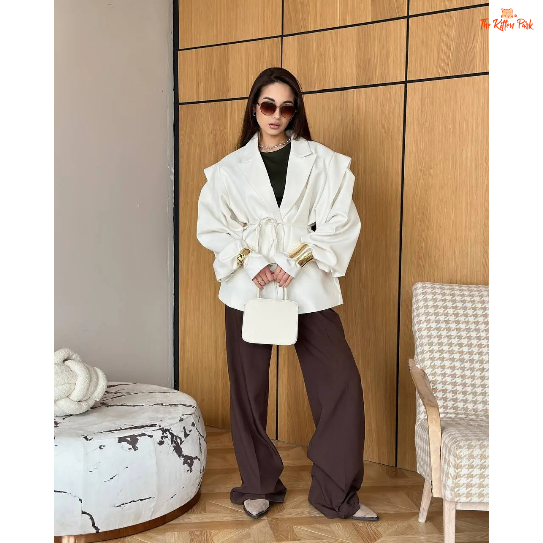 Women's lace-up waist blazer with chic V-neck lapel, single button closure, and full sleeves — perfect formal spring/summer outerwear in polyester.