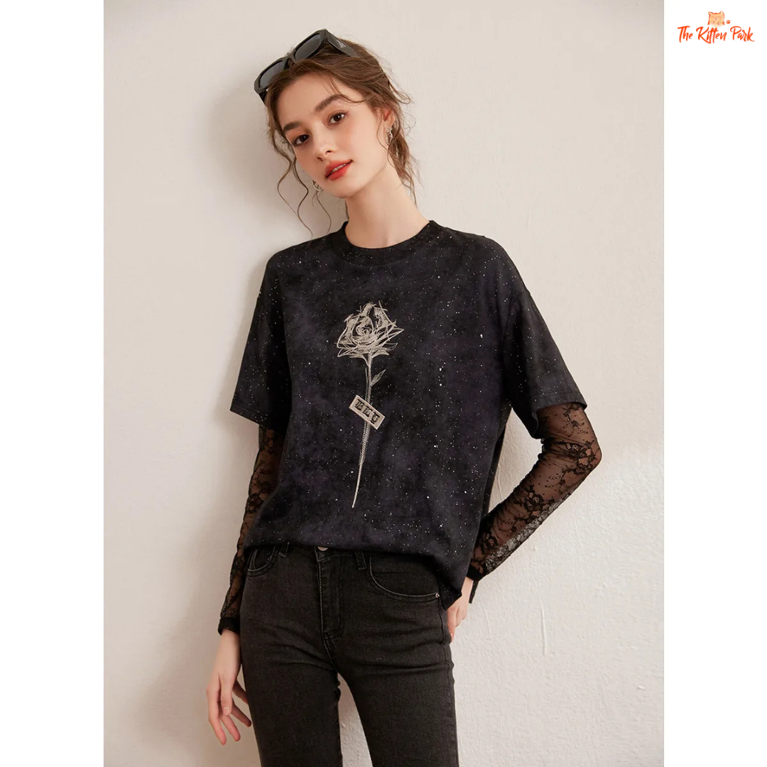 White floral loose-fit T-shirt for women with layered design, bright silk decoration, full sleeves, and a casual round neck – ideal for autumn and winter.