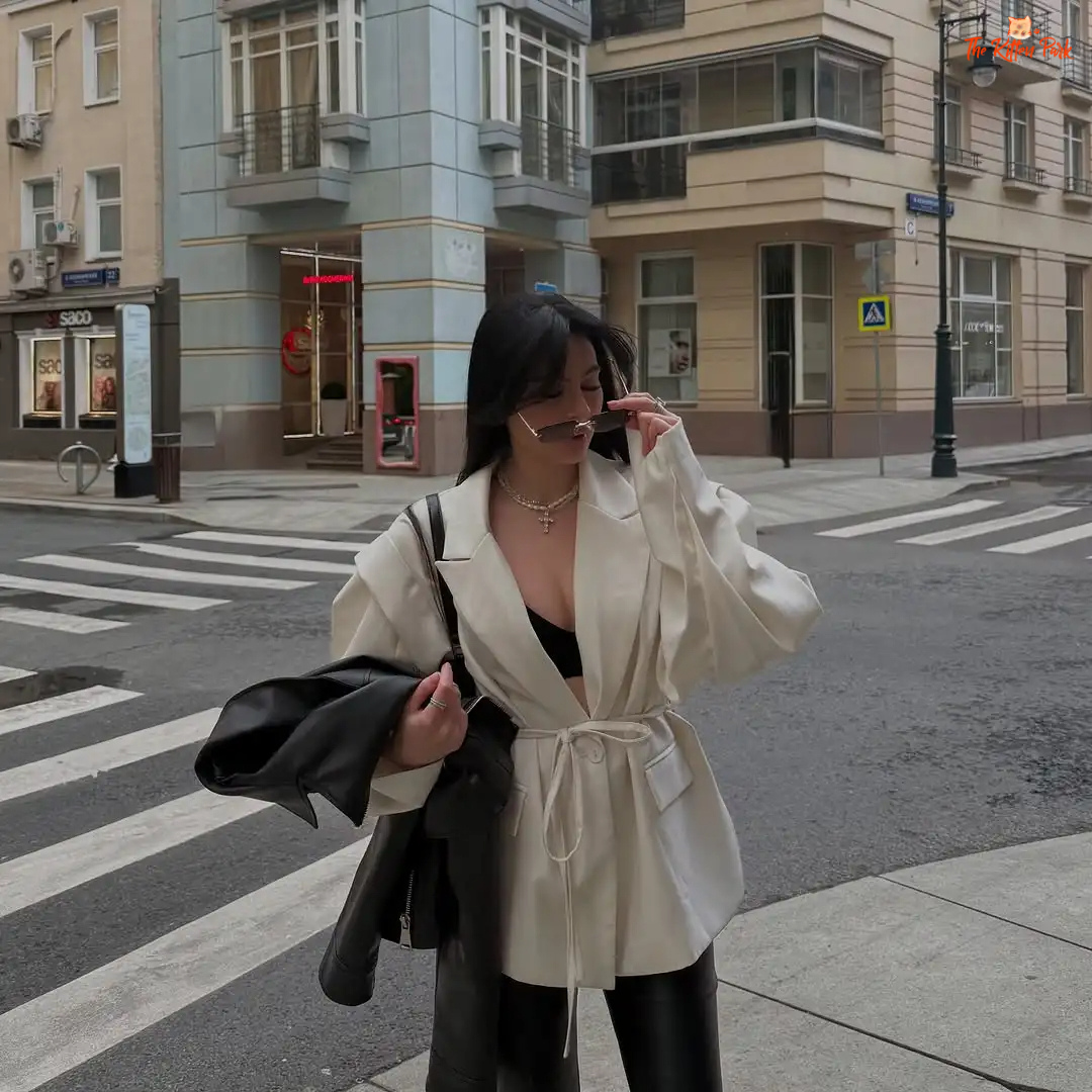 Women's lace-up waist blazer with chic V-neck lapel, single button closure, and full sleeves — perfect formal spring/summer outerwear in polyester.