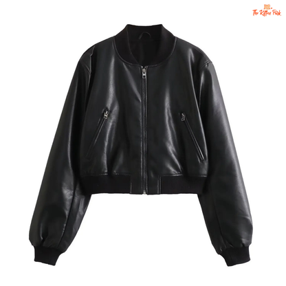 A sleek black PU leather jacket for women with a zippered front, round neck, and long sleeves, styled for modern streetwear fashion.