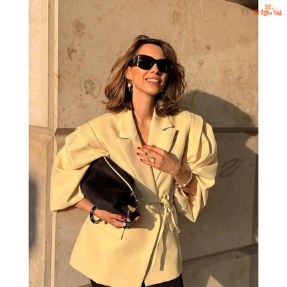 Women's lace-up waist blazer with chic V-neck lapel, single button closure, and full sleeves — perfect formal spring/summer outerwear in polyester.