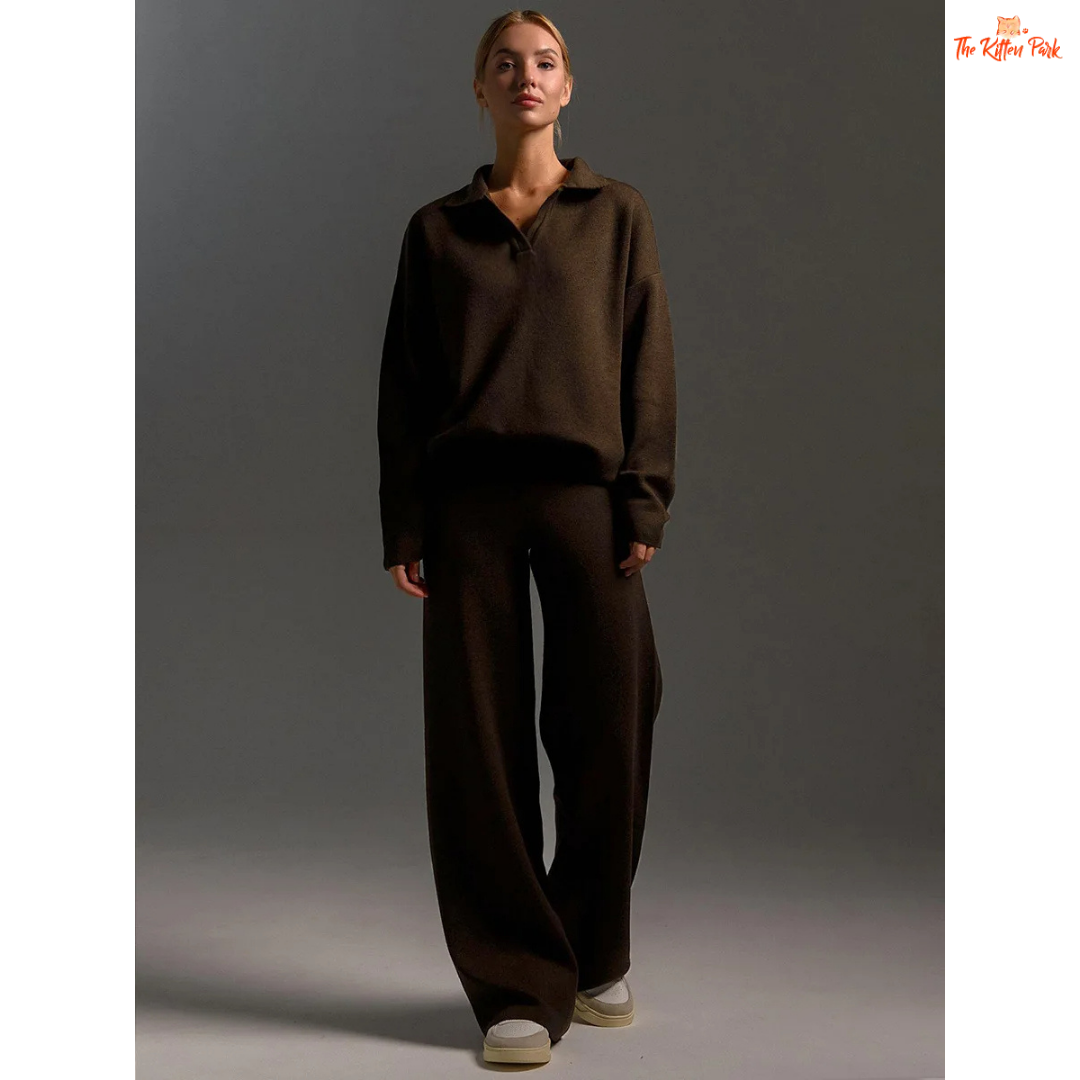 Person wearing a brown outfit against a gray background