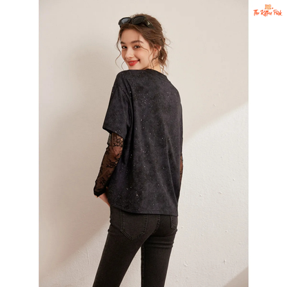 White floral loose-fit T-shirt for women with layered design, bright silk decoration, full sleeves, and a casual round neck – ideal for autumn and winter.