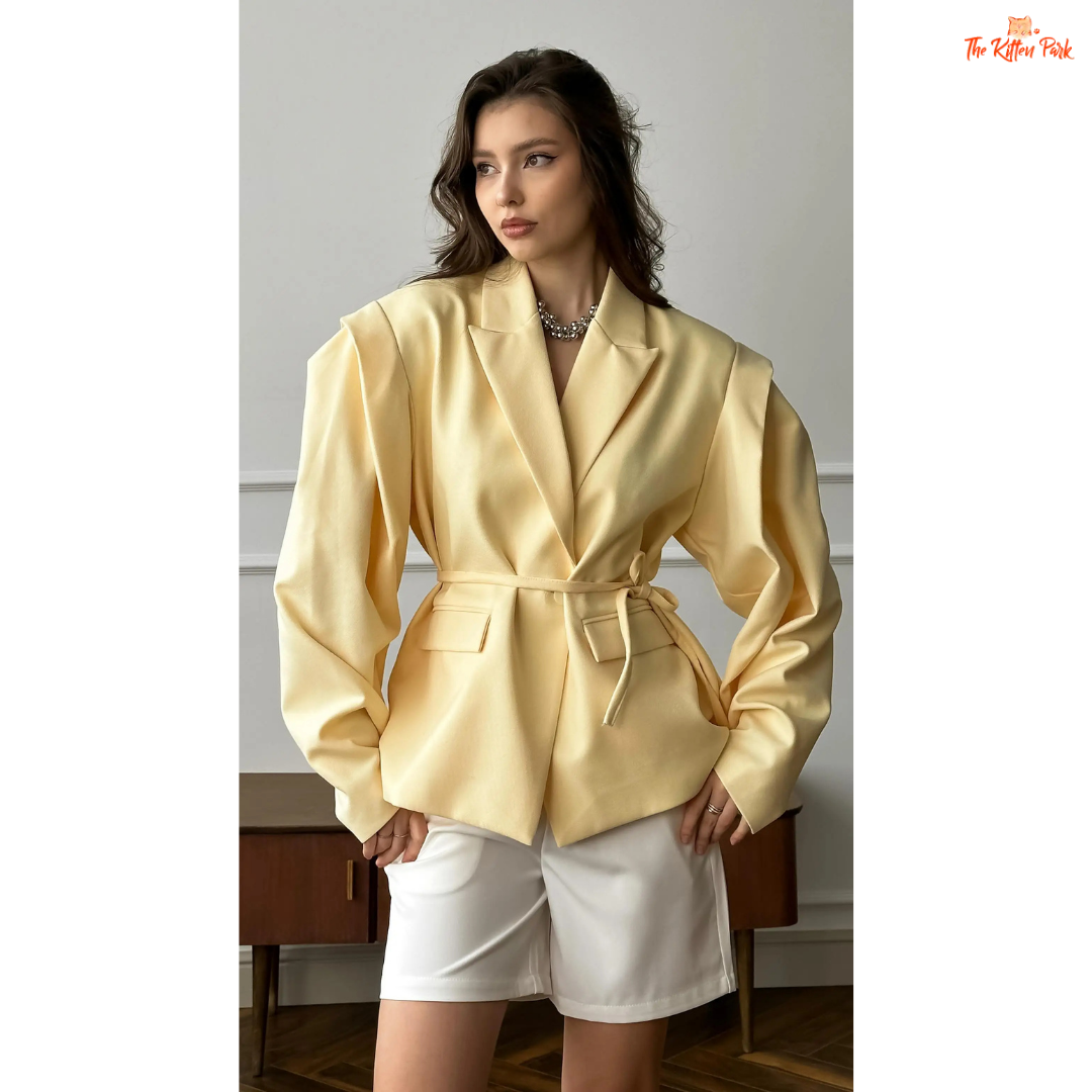 Women's lace-up waist blazer with chic V-neck lapel, single button closure, and full sleeves — perfect formal spring/summer outerwear in polyester.