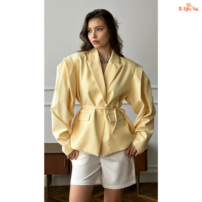 Women's lace-up waist blazer with chic V-neck lapel, single button closure, and full sleeves — perfect formal spring/summer outerwear in polyester.