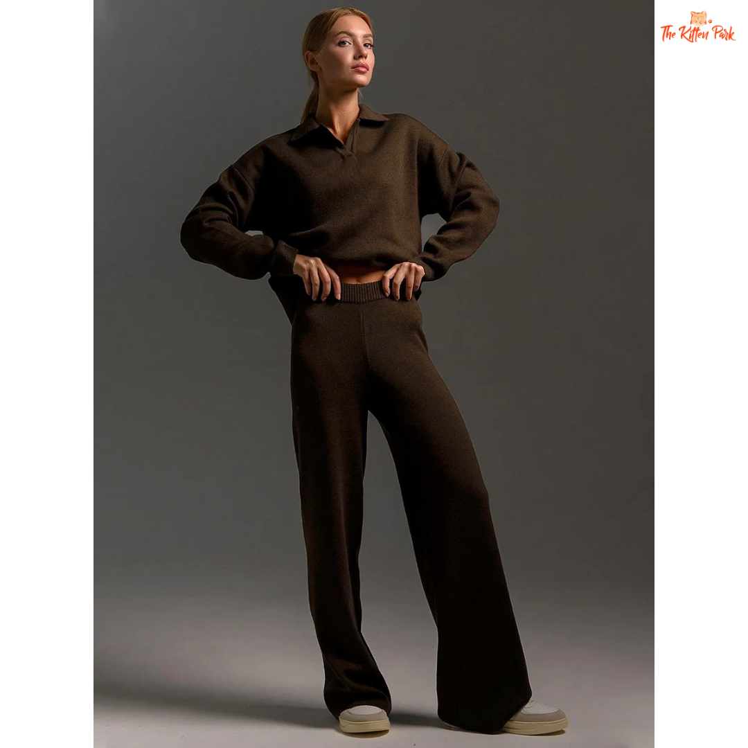 Mannequin wearing a brown outfit against a gray background