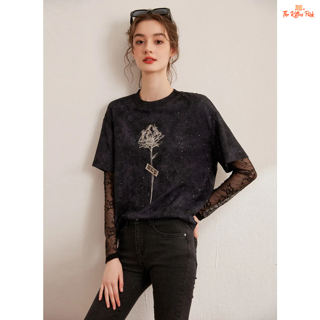 White floral loose-fit T-shirt for women with layered design, bright silk decoration, full sleeves, and a casual round neck – ideal for autumn and winter.