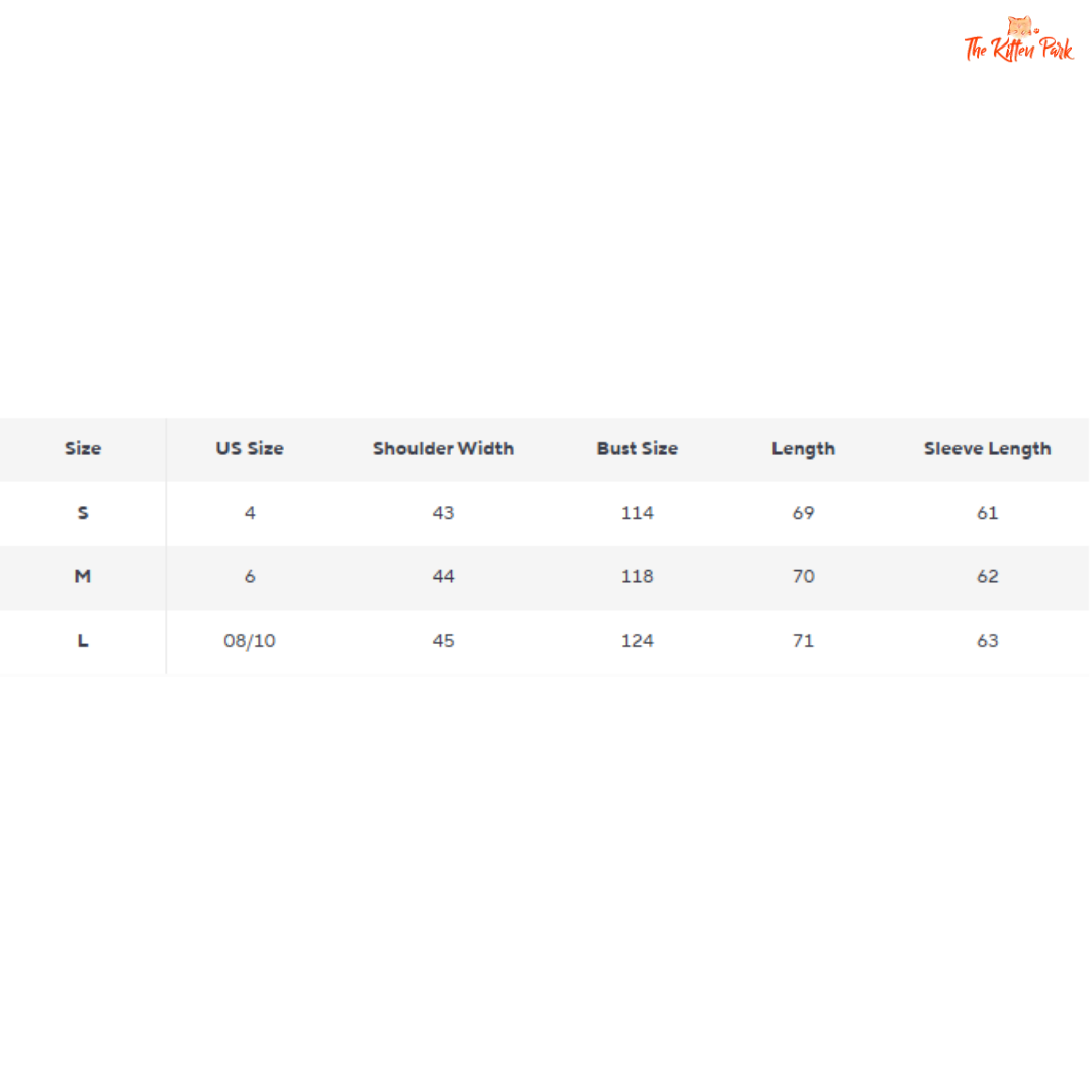 Size chart for clothing with shoulder width, bust size, length, and sleeve length measurements.