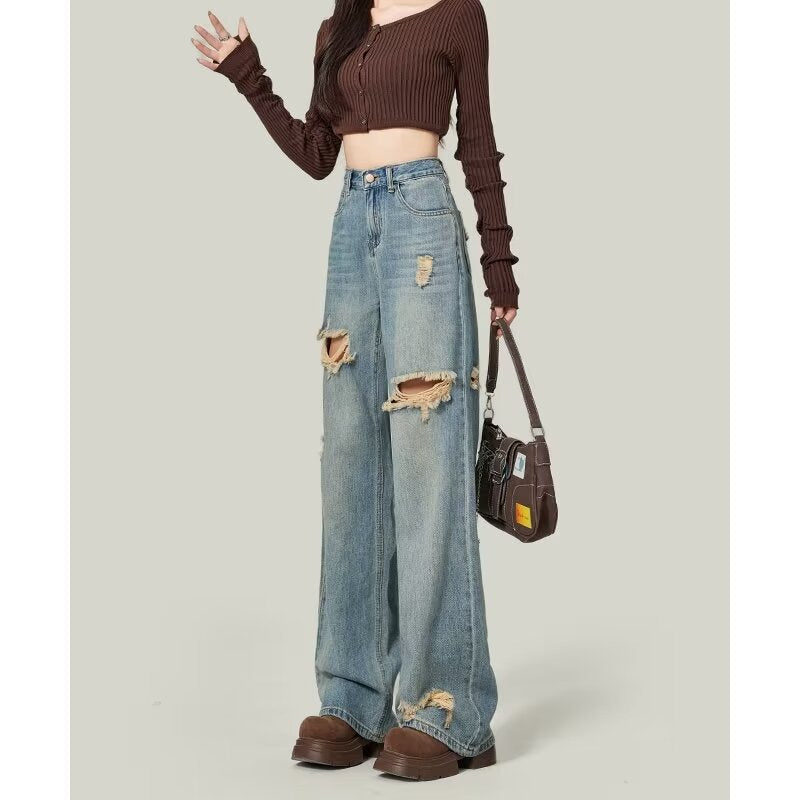 Womens Ripped High Waisted Baggy Jeans