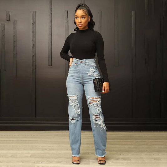 Womens Ripped Wash High Waist Jeans