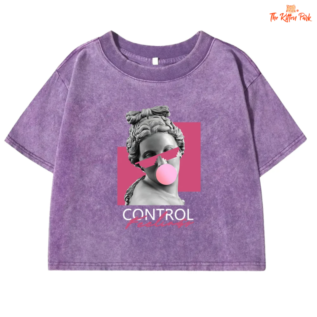 Women's Sculpture Bubble Art crop tee – distressed washed cotton streetwear t-shirt for summer 2025.