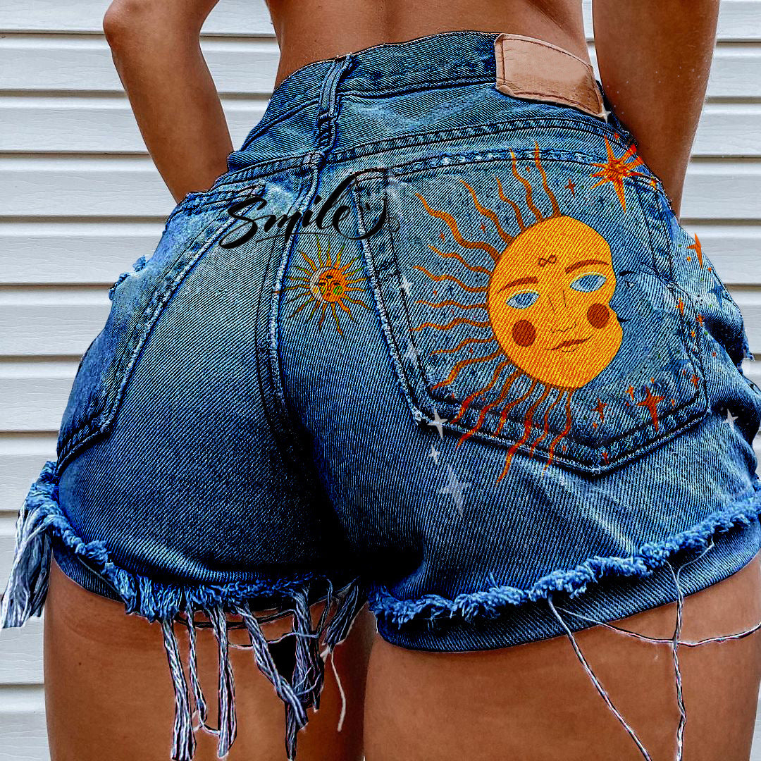Street Style Personality Print Denim Shorts