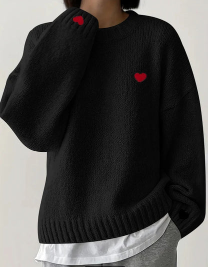 NYC Street Style: White Knit Sweater with Red Hearts