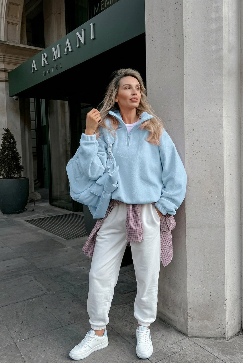 Shop The Look: Soft Pastel Blue Fleece Quarter-Zip Sweatshirt