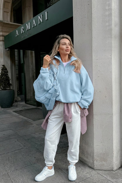 Shop The Look: Soft Pastel Blue Fleece Quarter-Zip Sweatshirt