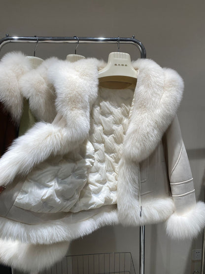 New Green Stitching Large Lapel Collar Fur Inside Coat For Women