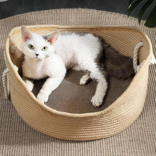 Boho Comfort: Minimalist Woven Cotton Rope Basket Cat Bed and Scratcher