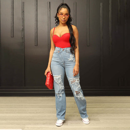 Womens Ripped Wash High Waist Jeans