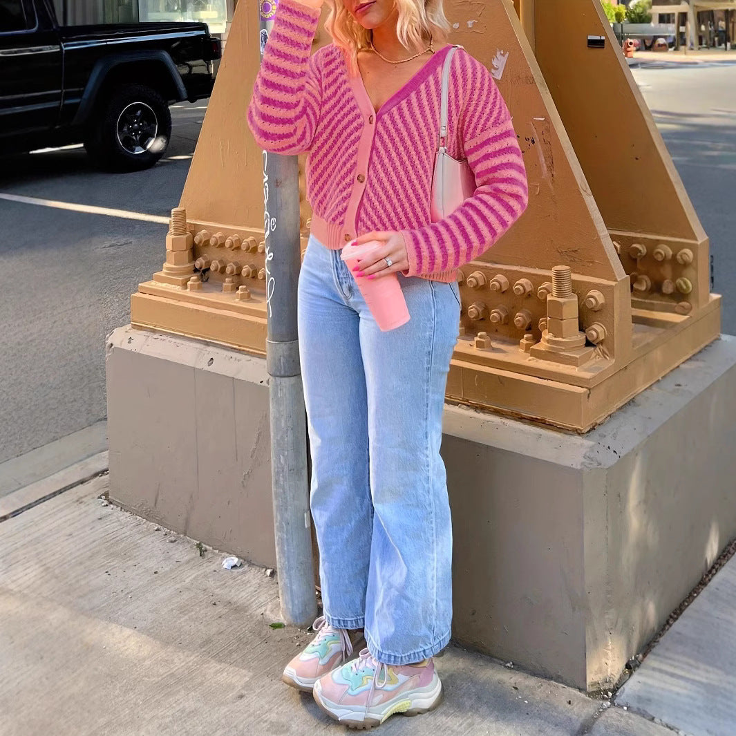 Womens V Neck Stripes Cardigan