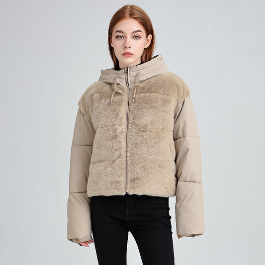 Womens Patchwork Vintage Style Hooded Winter Parka Coat