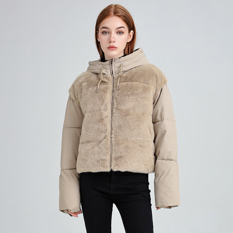 Womens Patchwork Vintage Style Hooded Winter Parka Coat