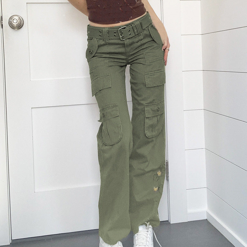 Womens Vintage Washed Multiple Pockets Green Jeans