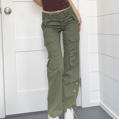 Womens Vintage Washed Multiple Pockets Green Jeans