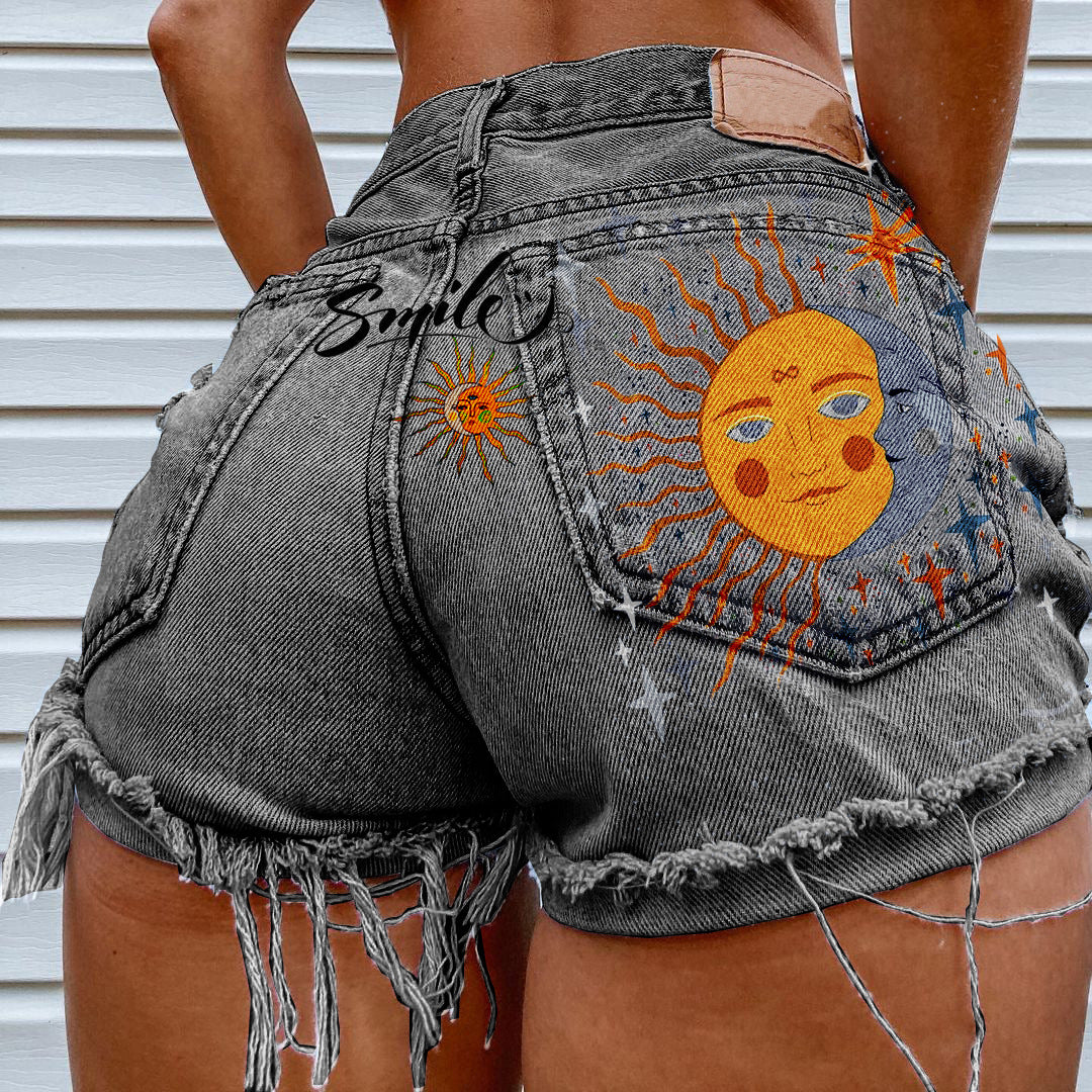 Street Style Personality Print Denim Shorts