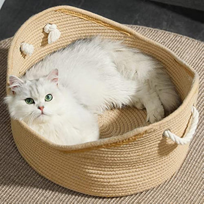 Boho Comfort: Minimalist Woven Cotton Rope Basket Cat Bed and Scratcher