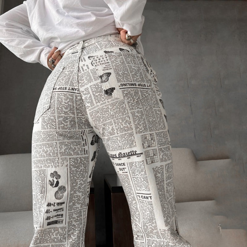 Casual Newspaper Print High Waist Pants