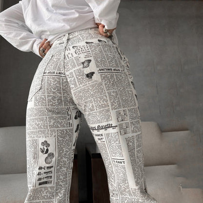 Casual Newspaper Print High Waist Pants