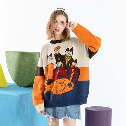 Women Cat Embroidered Knitted Sweater