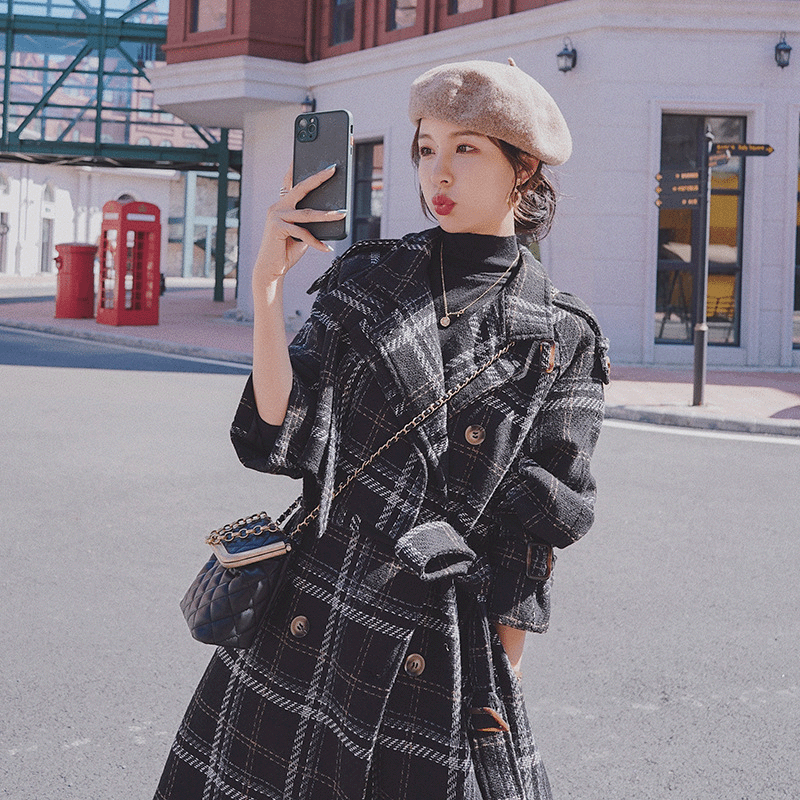Womens Plaid Wool Thick Velvet Mid Length Coats