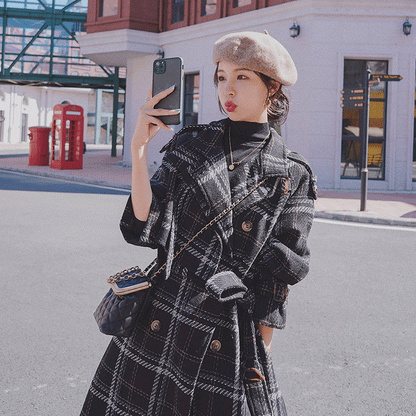 Womens Plaid Wool Thick Velvet Mid Length Coats