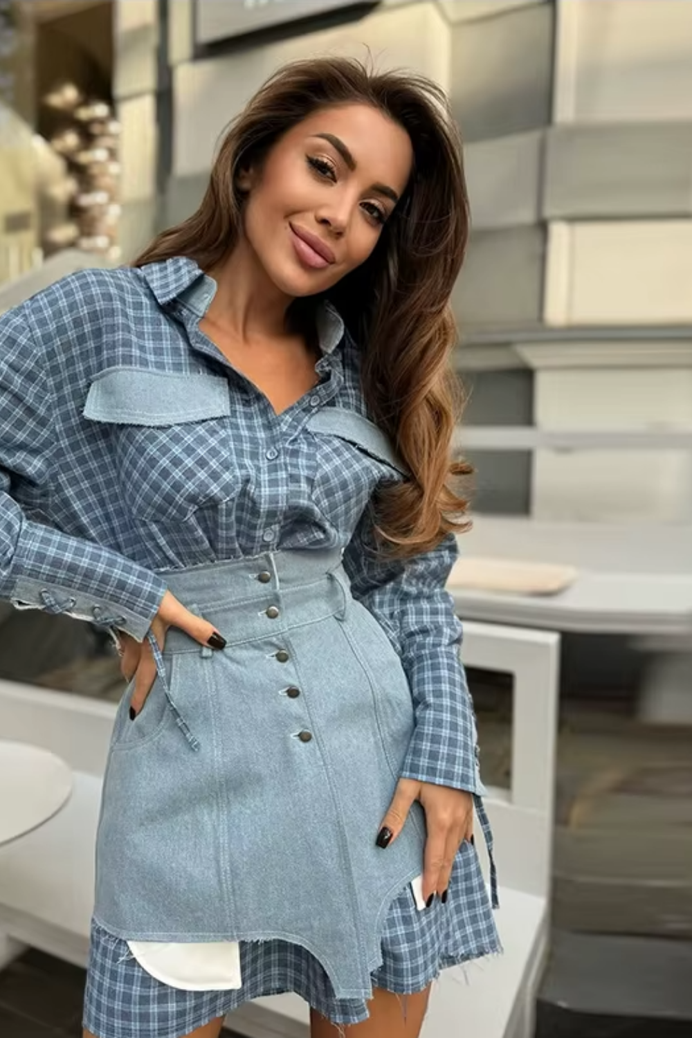 shirt and skirt dress Women Shirt Skirt Outfits French Vintage Lapel Bow Tops Plain Button Midi Skirt