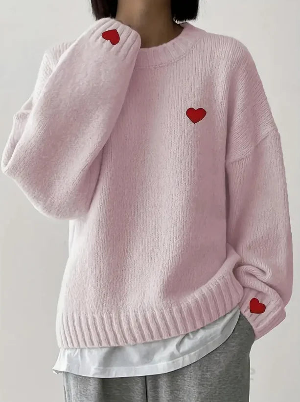 NYC Street Style: White Knit Sweater with Red Hearts