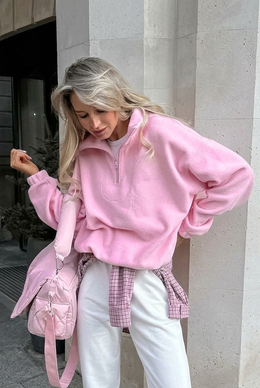Shop The Look: Soft Pastel Blue Fleece Quarter-Zip Sweatshirt