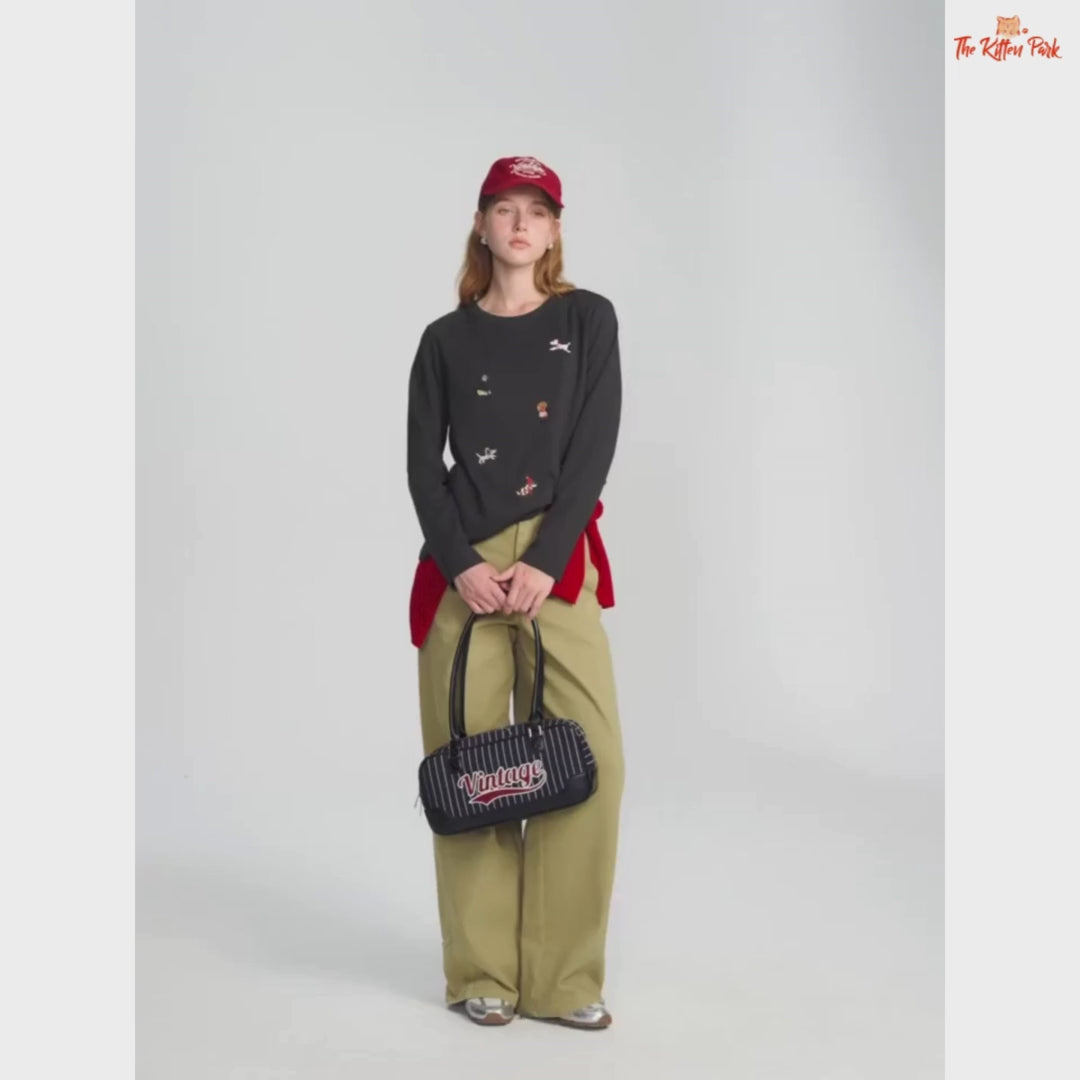 Puppy Embroidered Fleece T-Shirt featuring a cute embroidered puppy design, soft cotton blend material, and loose long-sleeve fit for cozy autumn and winter wear.