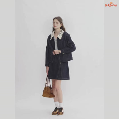 Handmade Crocheted Collar Denim Jacket – Sweet & Cool 2025 Autumn Short Coat