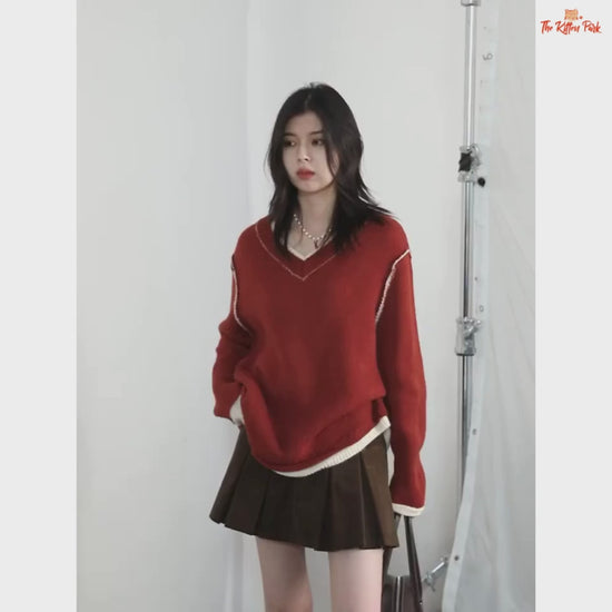 Color Block Knit Sweater – Autumn Winter 2026, loose-fit patchwork pullover with raglan sleeves, O-neck, spliced design in wool-blend knit.
