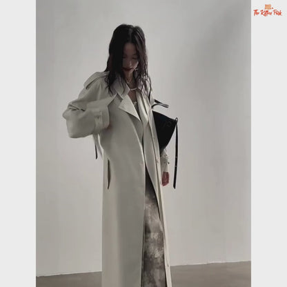 Women Beige Casual Trench Coat Big Size Long Lapel Windbreaker 2026 Spring Autumn with slim fit, lapel collar, pockets, and single-breasted design.