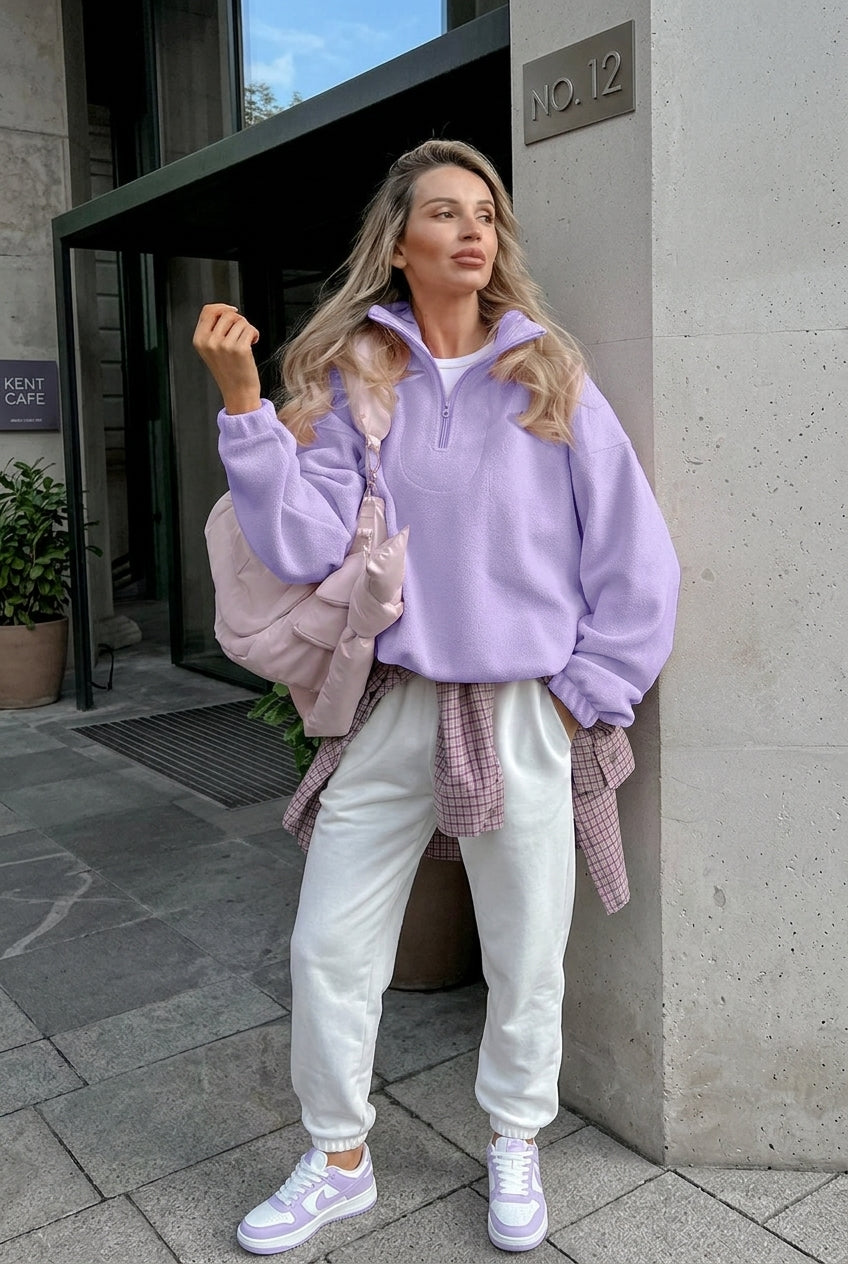 Shop The Look: Soft Pastel Blue Fleece Quarter-Zip Sweatshirt
